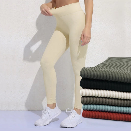Seamless Ribbed Yoga Pants Women High Waist Push Up Leggings Solid Striped Workout Tights Sport Trousers For Fitness Gym Wear